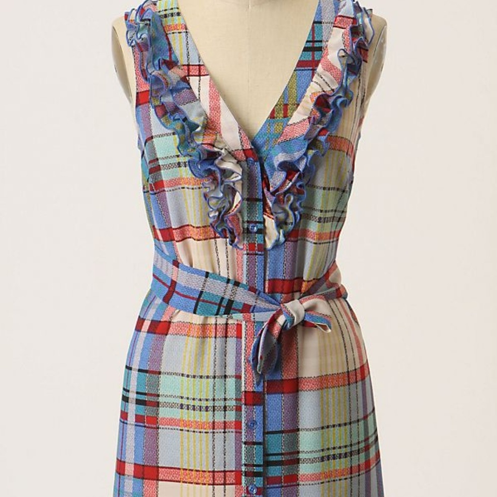 Fei Anthropologie ruffles belted plaid sleeveless tunic top 4